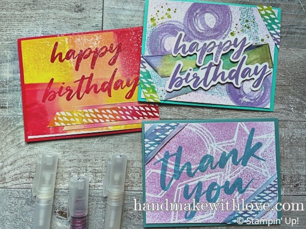 Click to see several simple ideas to use water spritzing techniques for card making. These cards are bright, bold, and tons of fun!