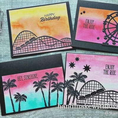 Learn how to create these simple card background techniques, then stamp over with black ink for stunning silhouette cards! Featuring Stampin Up Boardwalk Fun stamp set.