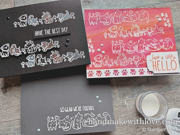 Click to see an awesome trick for stamping any image onto dark cardstock! Cards feature adorable furry friends dogs and cats!