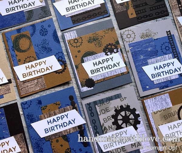 Make a stack of cards for men quickly with the Stampin Up Gears And Textures stamp set and these awesome busy-person card making tricks! 