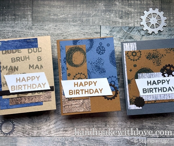 Make a stack of cards for men quickly with the Stampin Up Gears And Textures stamp set and these awesome busy-person card making tricks! 